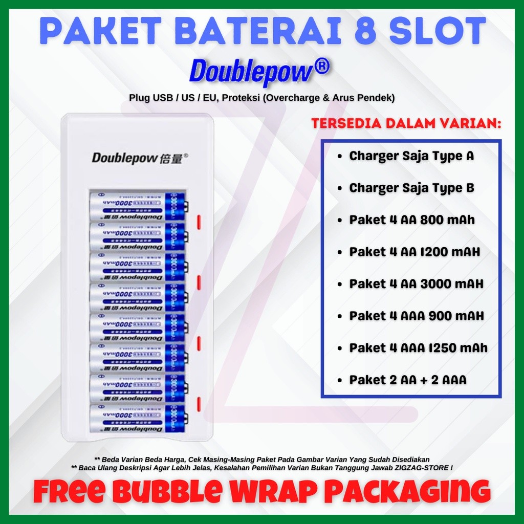 BAR - Paket Baterai Cas Doublepow / Taffware 1 Charger + 8 Baterai AA / AAA Doublepow / Taffware