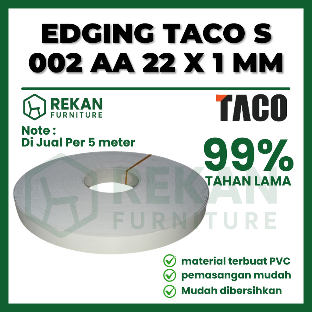 (5 Meter) List Edging PVC TACO S 002 Putih Doff – Lebar 22 mm Tebal 1 mm