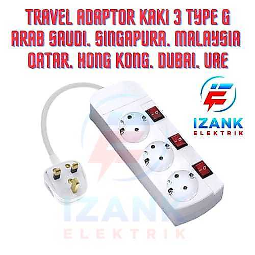 Stop Kontak kaki 3 colokan Travel Umroh & haji Travel Adaptor kaki 3 Type G Arab Saudi. Singapura. M