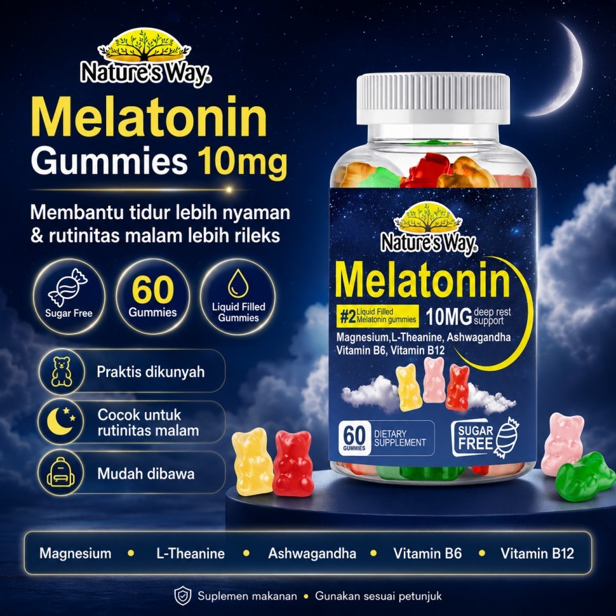 Nature's Way Melatonin Gummies 10mg 60 Gummies Suplemen Tidur Sugar Free Bantu Tidur Nyenyak Deep Re