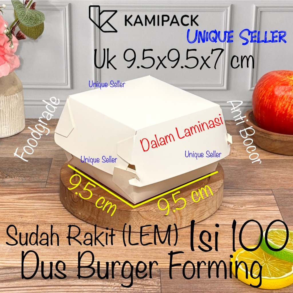 Dus Box Burger Ivory (LEM) Uk 9.5x9.5x7 cm isi 100 pcs Anti Bocor Laminasi KAMIPACK Putih Ivory Dus 