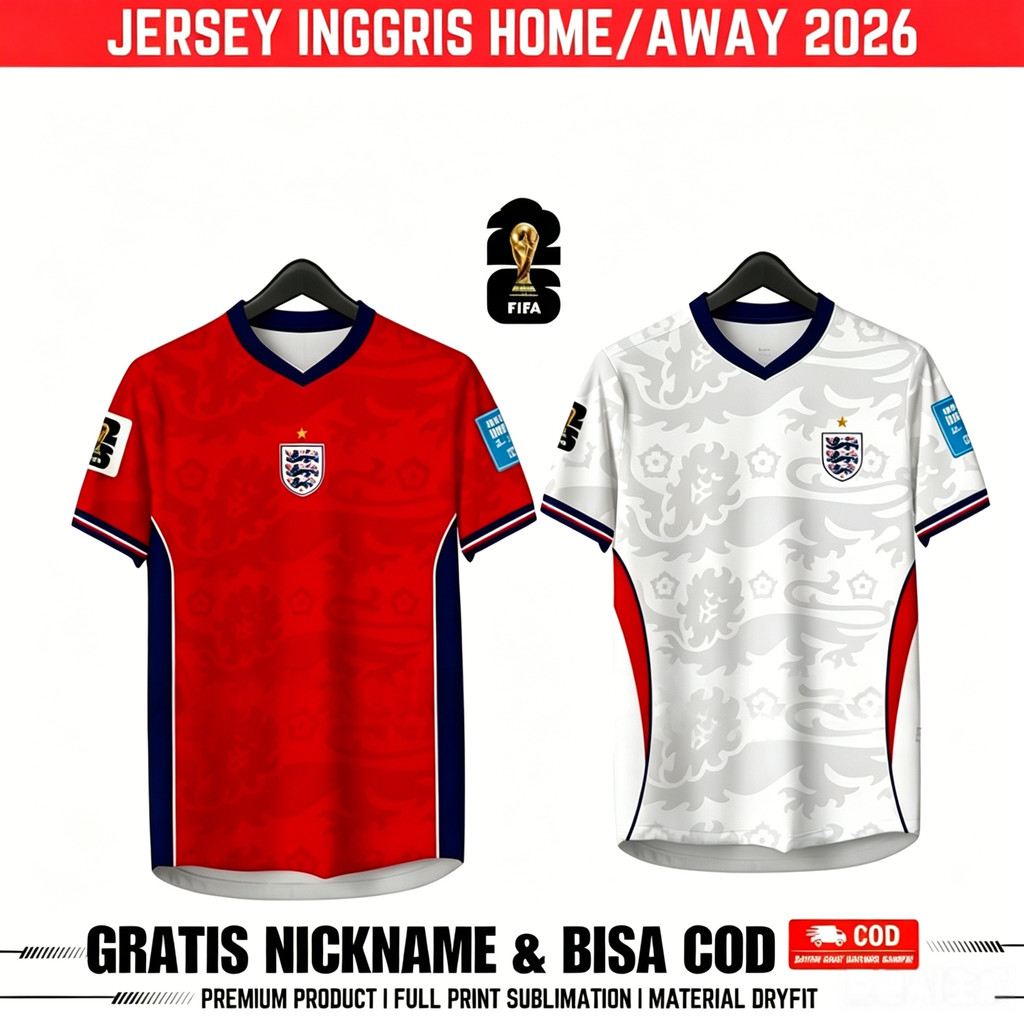 Jersey Home Away IngGRIS 2026 Full Printing Premium Full Patch Gratis Pasang Nama dan Nomor Punggung