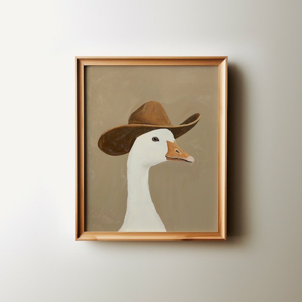 Silly Cowboy Goose,brown Cowboy Hat,western Nursery Art,neutral Boy Room Animal Art Wall Decoration 