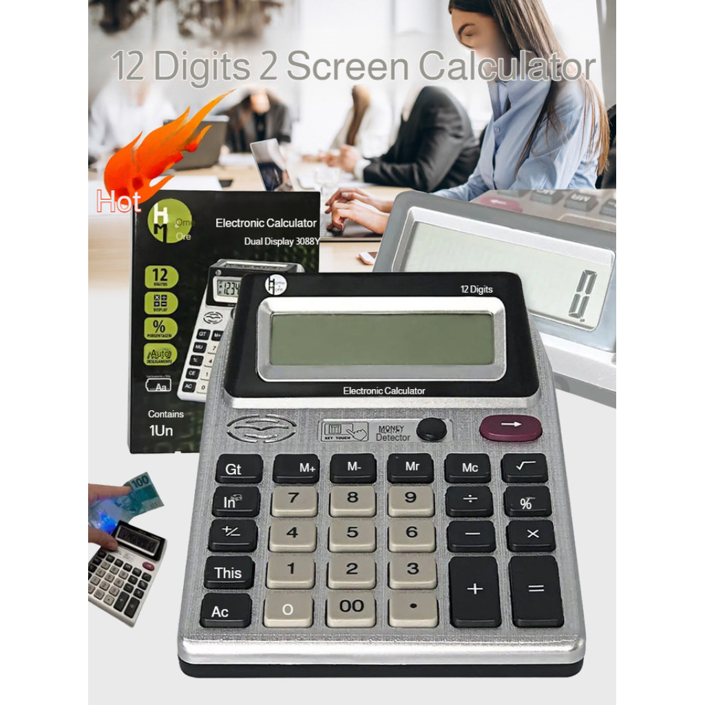 

Double-sided Screen Anti-slip Bottom Calculator 12 gital LCD splay with Money Detector Light for Office Financial Accounting