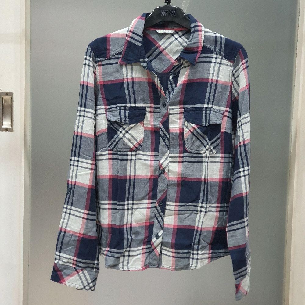 J baju wanita atasan kemeja lengan panjang m&s woman marks spencer motif kotak biru tua pink putih p