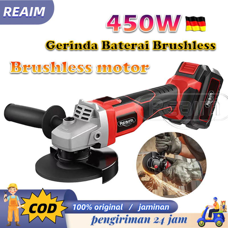 REAIM Brushless 450W Gerinda Baterai 4Inch Mesin Gerinda Baterai Tangan Cordless Angle Grinder Mesin
