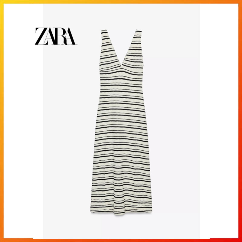 ZARa2025 Summer New Product Women's Vacation Style V-neck A-line Midi Dress 5584222 070