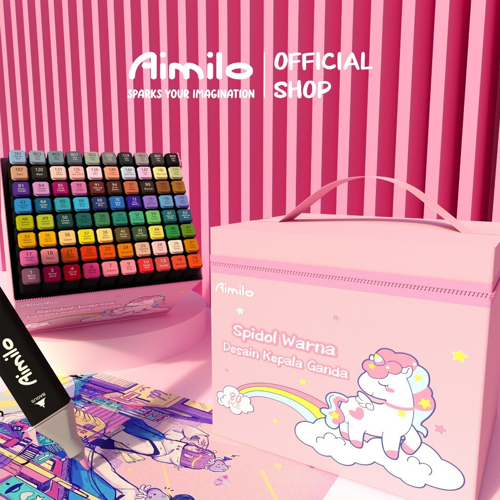 

[READY] Aimilo Spidol Warna Warni 1 Set Kemasan Kartun Sketch Marker 2 Tip Touch Marker 48/60/80 Warna