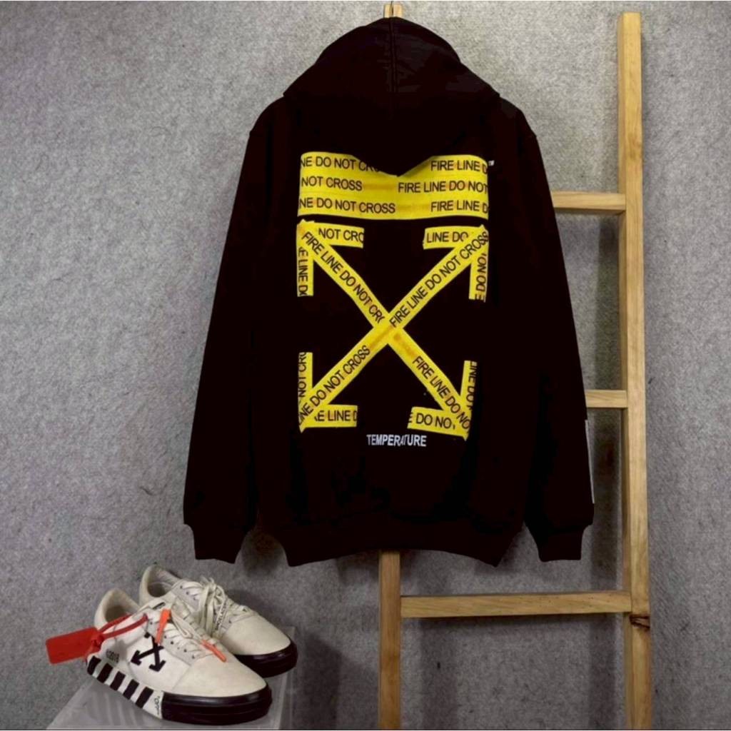 JAKET SWEATER HOODIE -OFF-WHITE VIRGIL ABLOH FIRE LINE POLICE TAPE BLACK FULL TAG & LABEL