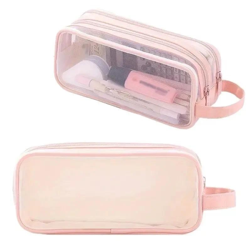 

Large Double Layer Mesh Pencil Case Transparent Handheld Pen Bag Multifunctional Pencil Pouch Stationary Back To School