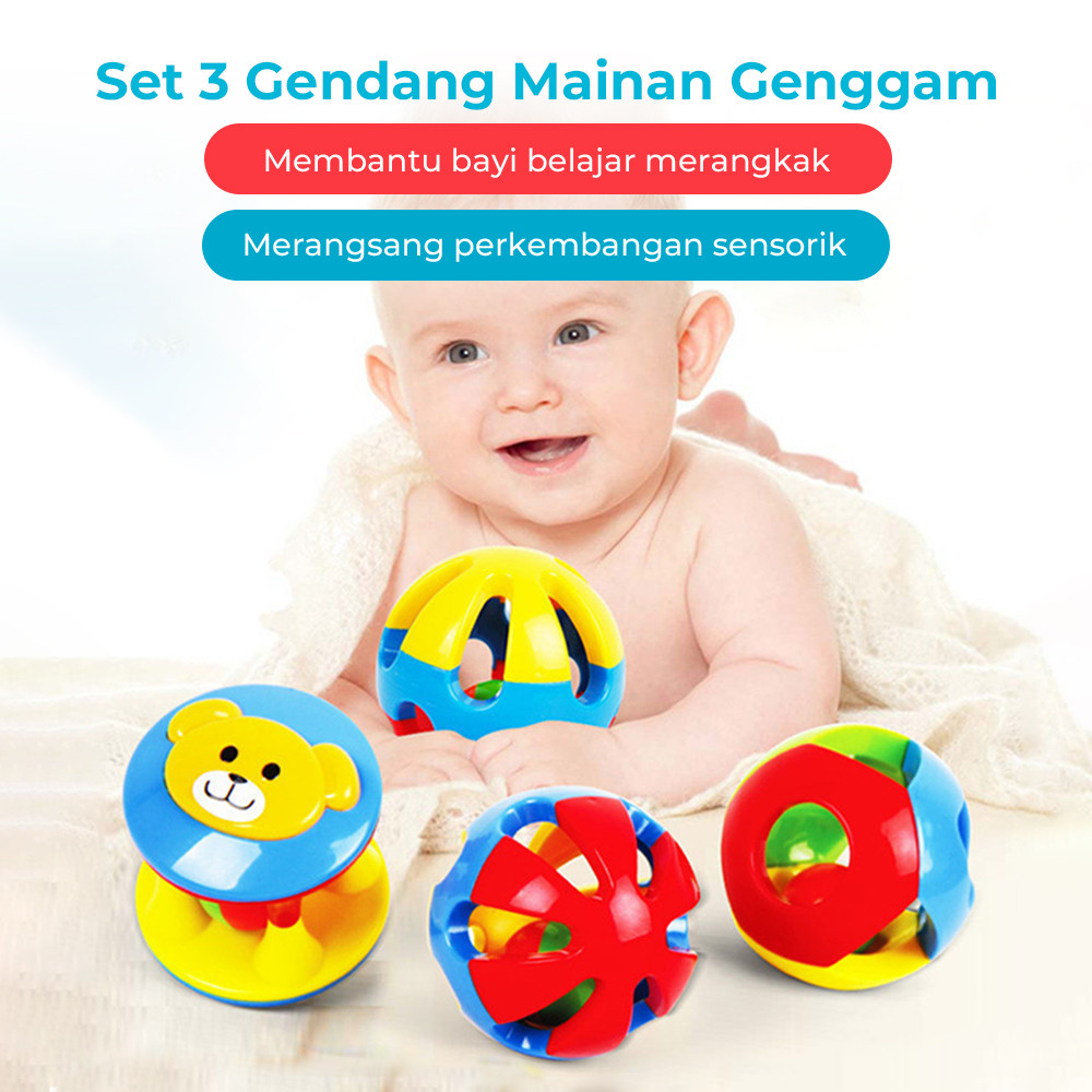Mainan Bola Rattle Putar Suara Bayi 0-6 Bulan Kerincingan 3 Pcs