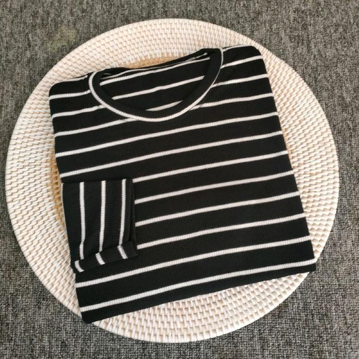 kaos rib salur lengan panjang wanita/kaos premium daily - salur.hitam