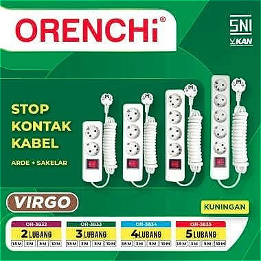 Stop kontak 2/3/4/5 Lubang+Kabel 1,5/3/5 Meter ORENCHI Virgo