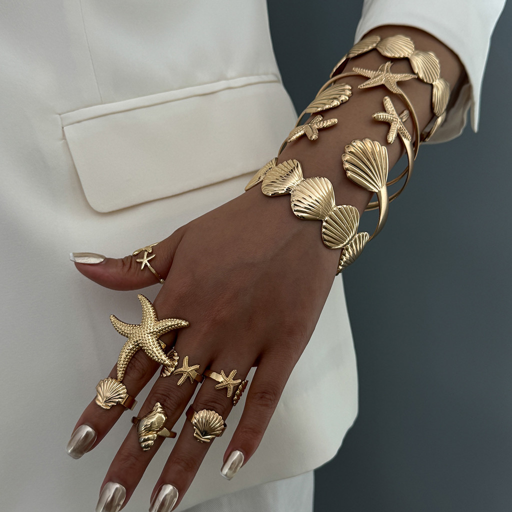 Gelang Pembukaan Kerang Bintang Laut Breath Logam, Set Gelang Geometrik Kreatif