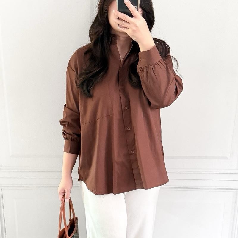 Kemeja oversized wanita jesi lengan panjang polos kantor katun poplin kantor putih hitam maroon navy