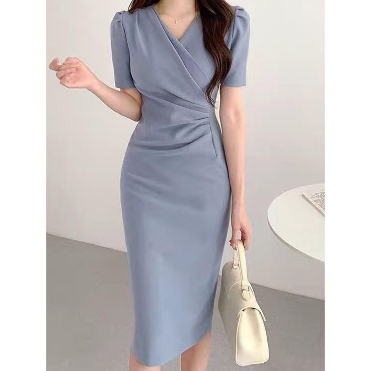 Meirong baju dress biru polos press body wanita kekinian korean style dress wanita party terbaru 202