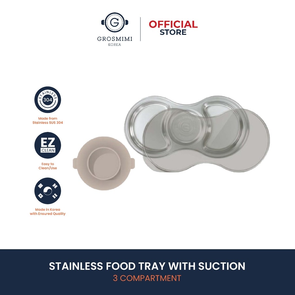 GROSMIMI STAINLESS FOOD TRAY 3 COMPARTMENT with SILICONE SUCTION PLATE (include cover) / Wadah Makan