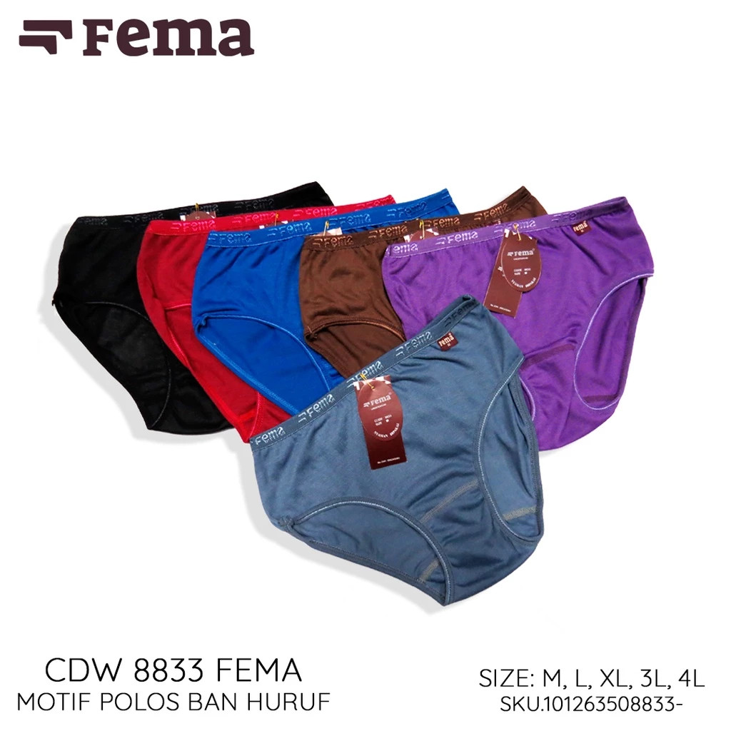 Paket 3 Pcs Celana Dalam Wanita Polos FEMA 8833 Ban Huruf Katun Size M-4L Barang Ready