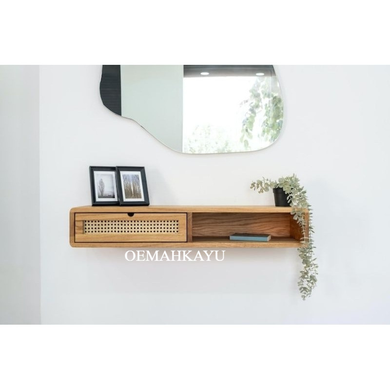 meja gantung kayu jati  floating kabinet rotan laci rotan