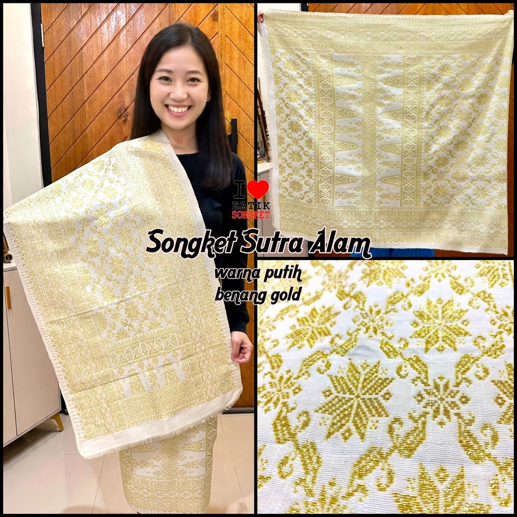 SONGKET SUTRA ALAM MOTIF 3 BENANG EMAS TENUN PALEMBANG MEDAN MINANG LEPUS PUTIH KREM