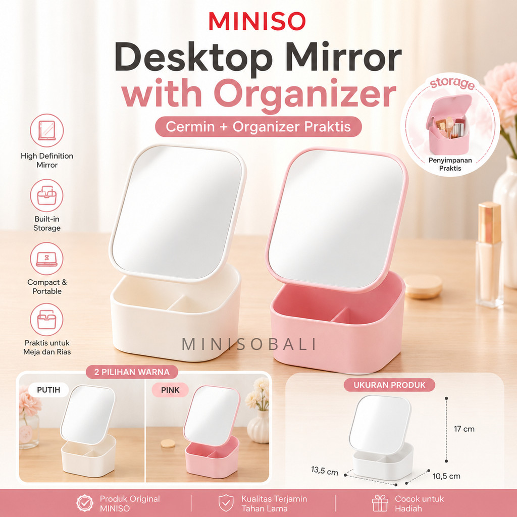 Official BALI MINISO Desktop Mirror with Organizer Cermin Meja Multifungsi Tempat Penyimpanan Kosmet