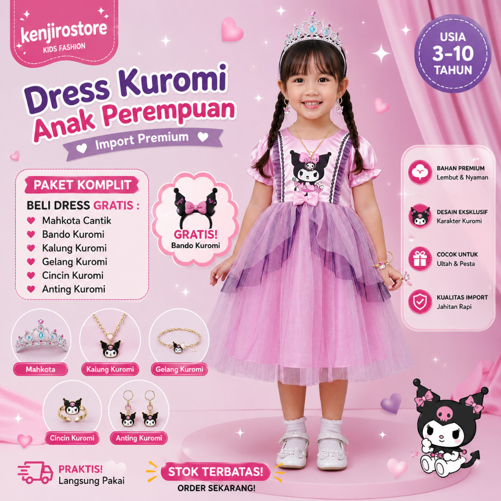 Baju Anak Perempuan Kuromi Premium Import | Dress Gaun Ultah dan Pesta Anak Gratis Bando Usia 3-10 T