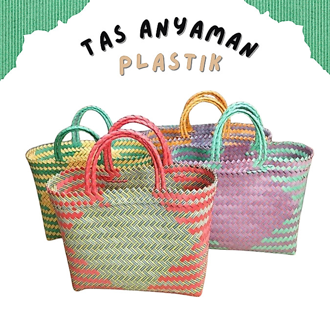 Keranjang Belanja Anyaman Plastik Kaca Glosy Kantong Belanja Tas Lurik Belanja Jadul