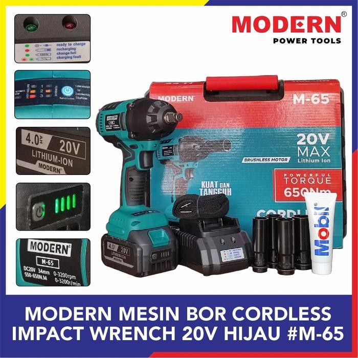 MODERN ORI 100% Cordless Impact Wrench M-65 Torsi 650nm Baterai Li-Ion 4.0Ah DC20V 3 Level Pengatura