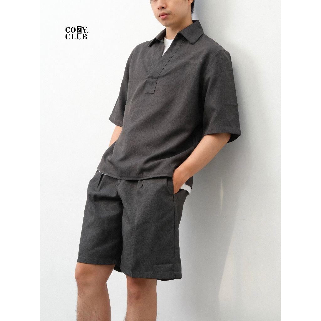 COZYCLUB Prep Semiwool Two-Piece Oversized Set | One Set Pakaian Kaos Kerah Lebar Lengan Pendek & Ce