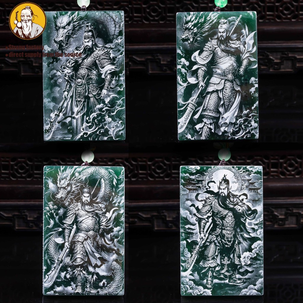 Natural A jadeite, merek Guan Gong, liontin giok dua sisi.