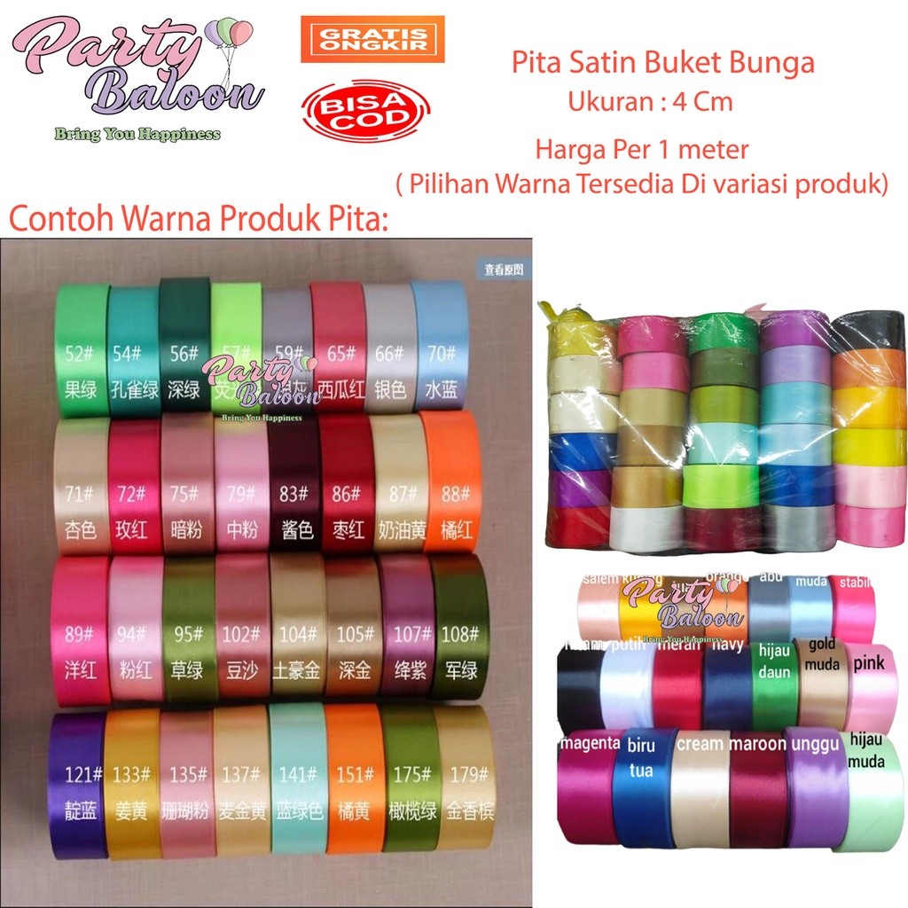Pita Kado satin PER METERAN Kado Buket bunga ukuran 4 cm besar 1,5 Inch kertas cellophane meteran