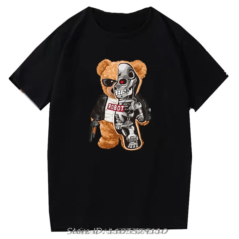Kaos Teddy Bear Grafis Robotik Keren Atasan Harajuku Kartun Streetwear Kaos Kebugaran Kaos Fashion S