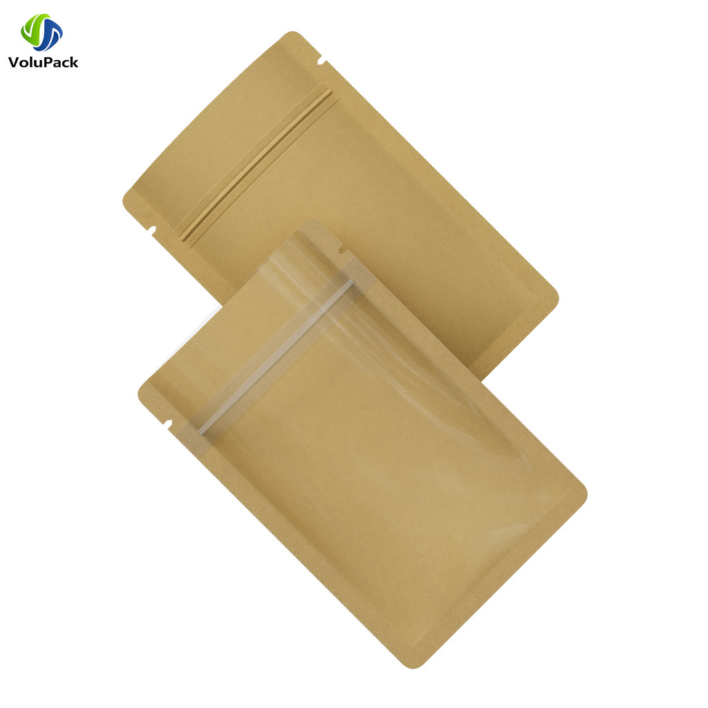 

High Quality Kraft Paper Ziplock Storage Pouch Resealable Waterproof One Side Clear Flat Bottom Matte Myalr Bags With Tear Notch