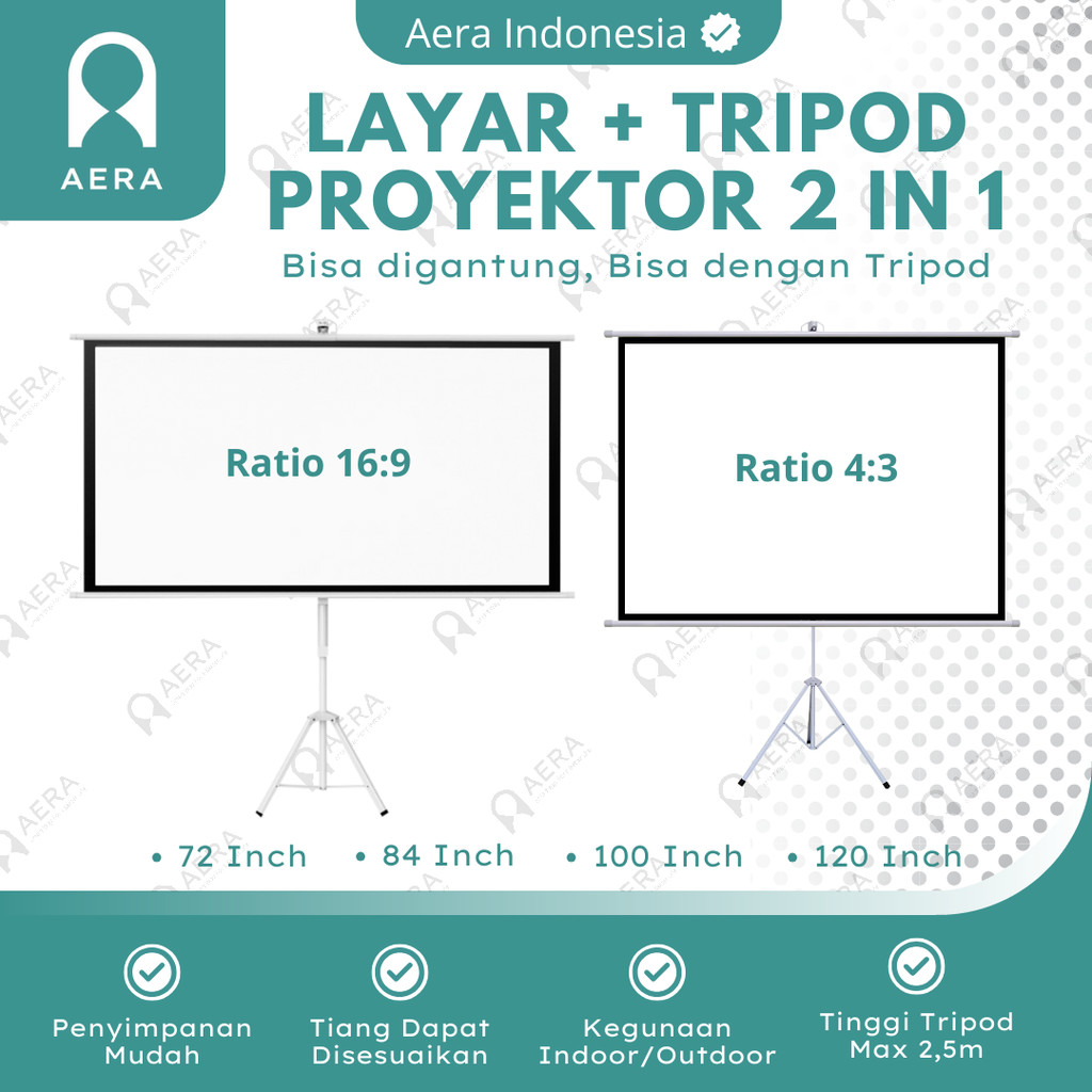 Layar Proyektor Plus Tripod 72 - 84 - 100 - 120 Inch  Ratio 16:9 dan 4:3 | Screen Tripod Projector |