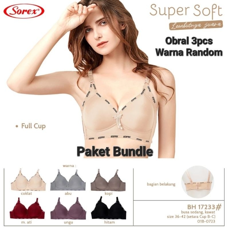 NJ28WA Grosir 3 Pcs Bra BH Sorex 17233 Cup Besar Setara B-C Kait 3 Tanpa Kawat