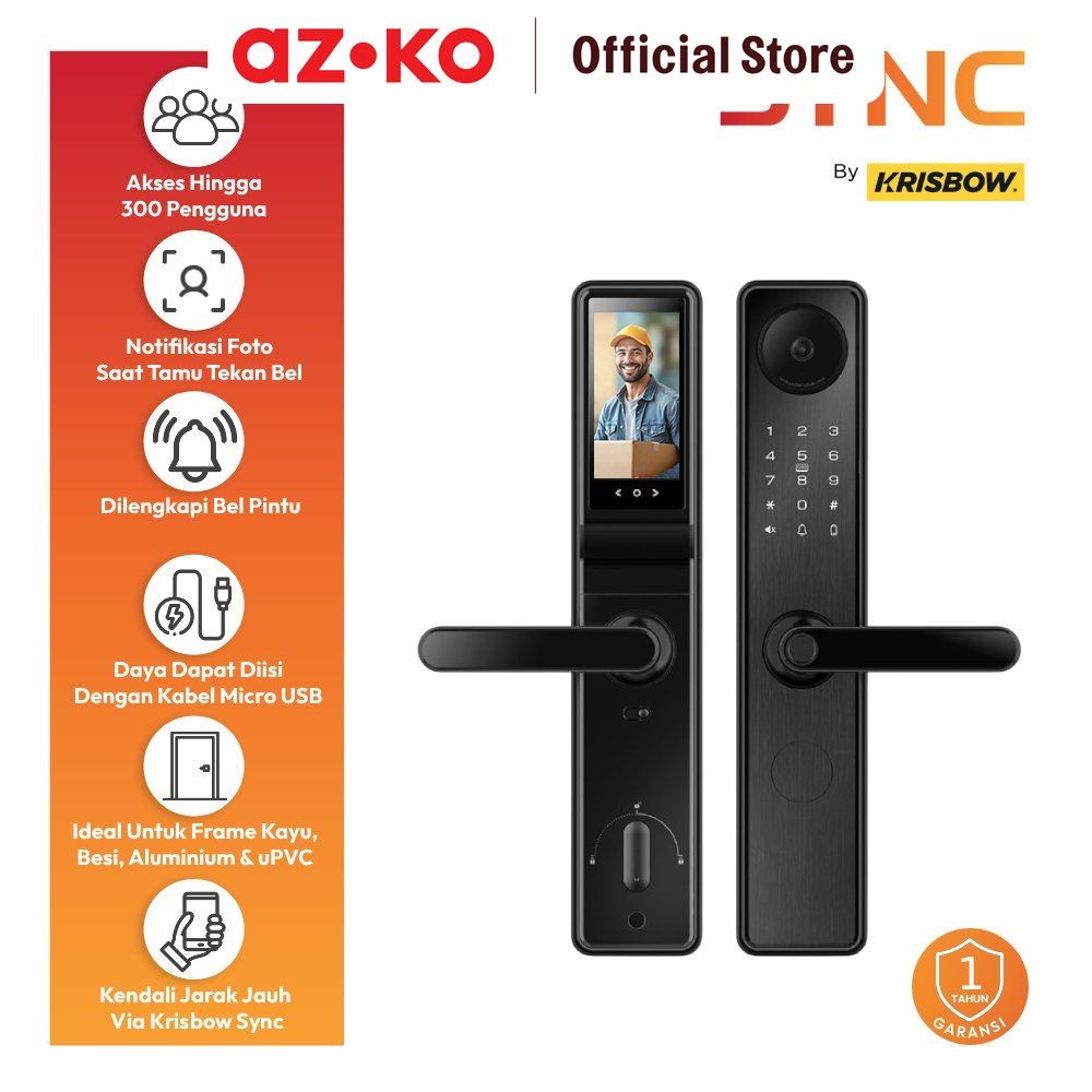 AZKO Krisbow Sync Smart Digital Door Lock Dengan Camera R5 - Abu-Abu Pengunci Pintu Fingerprint Pin 