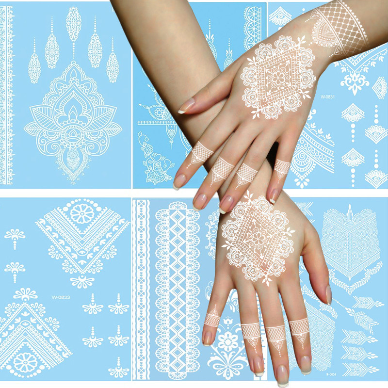 Stiker Tato Lace Putih 3D, Tahan Air, Desain Henna India, Stiker Tato Sementara