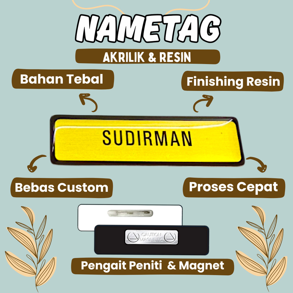 Name Tag Nama Dada Akrilik Magnet Peniti Gold Silver