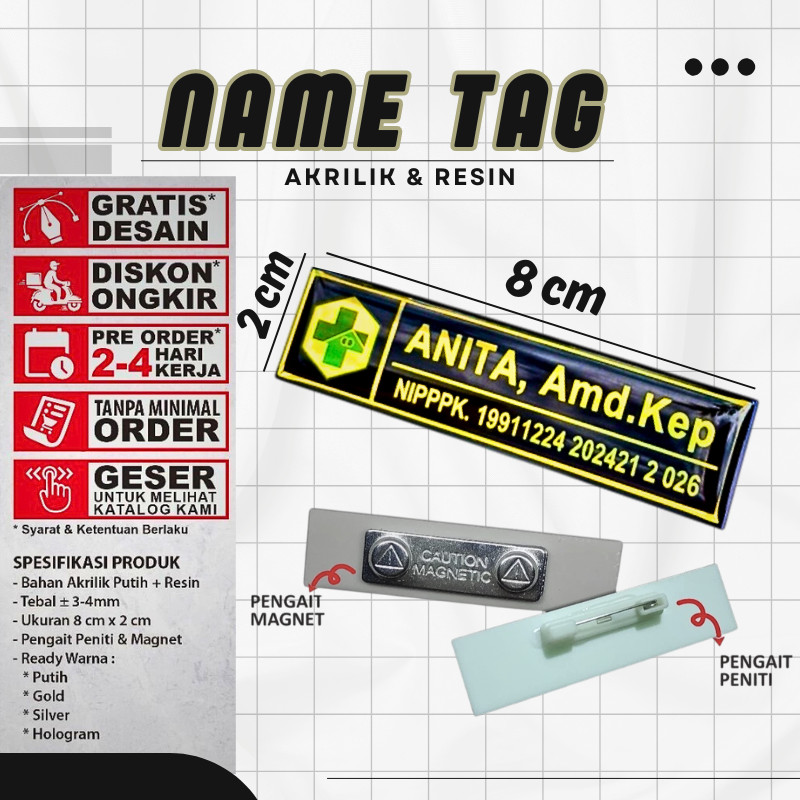 Name Tag Nama Dada Akrilik Magnet Peniti Gold Silver