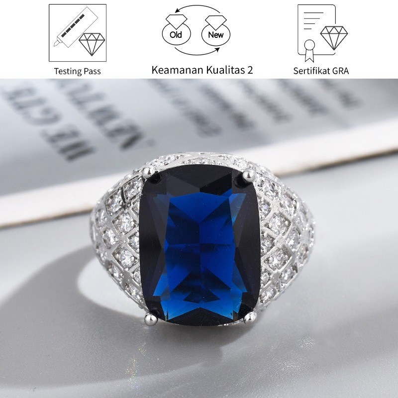 SikRoad Cincin Berlian Emas Putih Desain Pola Nanas Moissanite Biru Tua Persegi Panjang Pria