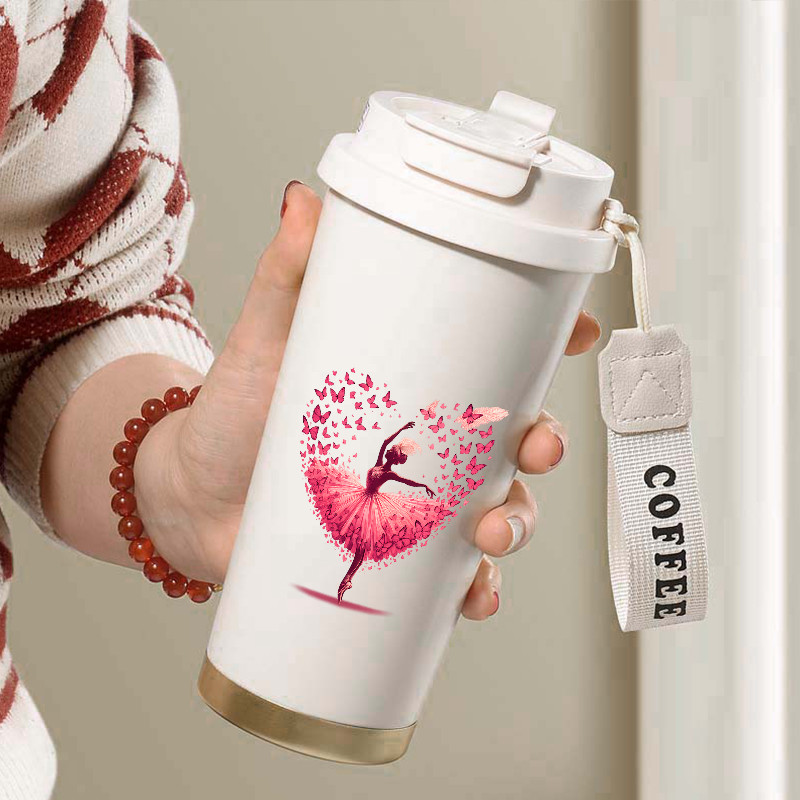 Pink butterflies ballerina pattern 500ml dual-purpose cup for hot and cold drinks, portable insulate