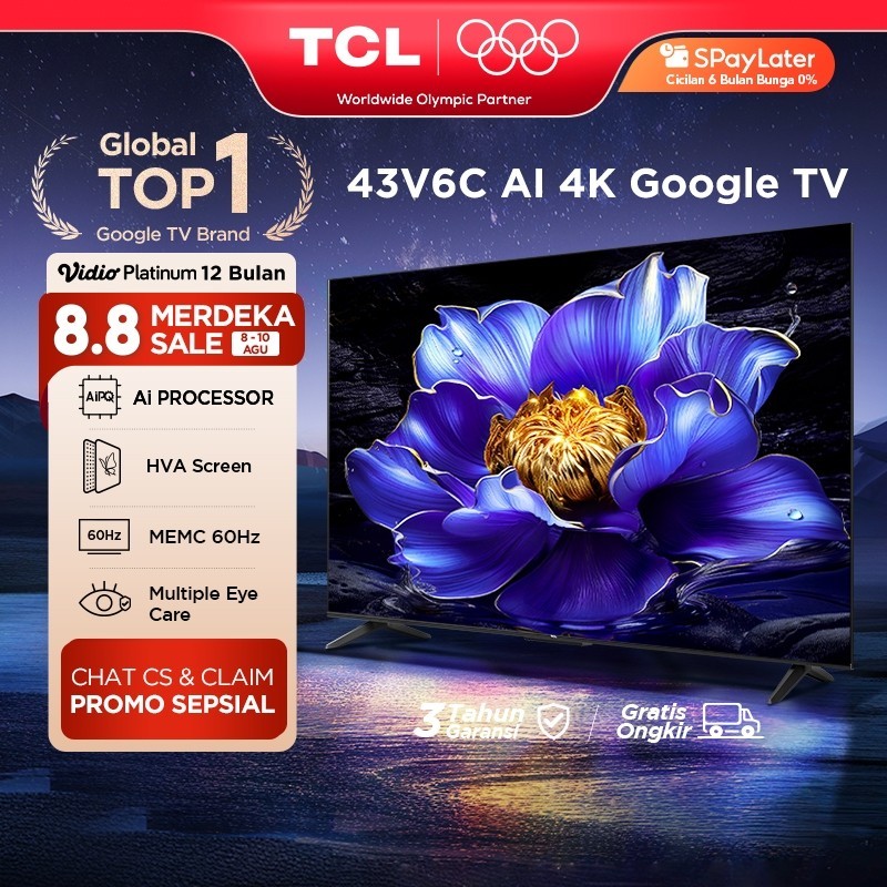 TCL AI 4K Google TV 43 inch V6C - MEMC - HDR 10 - HVA Panel - Dolby Audio - Google Play/Netflix/Yout