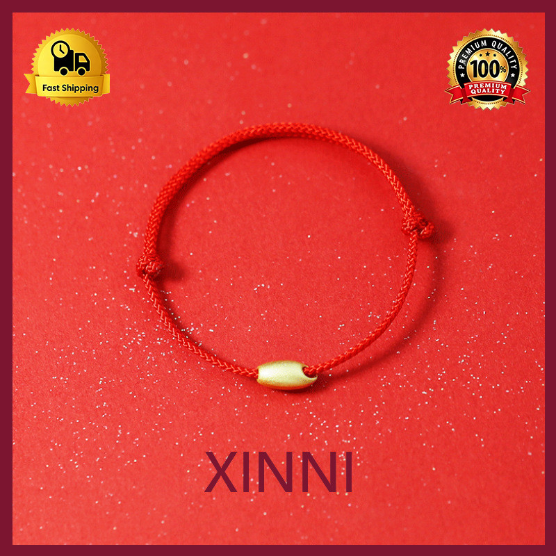XINNI Gelang Millet Emas Tali Merah untuk Pria dan Wanita Pasangan Manik-manik Bulat Emas Murni 3D