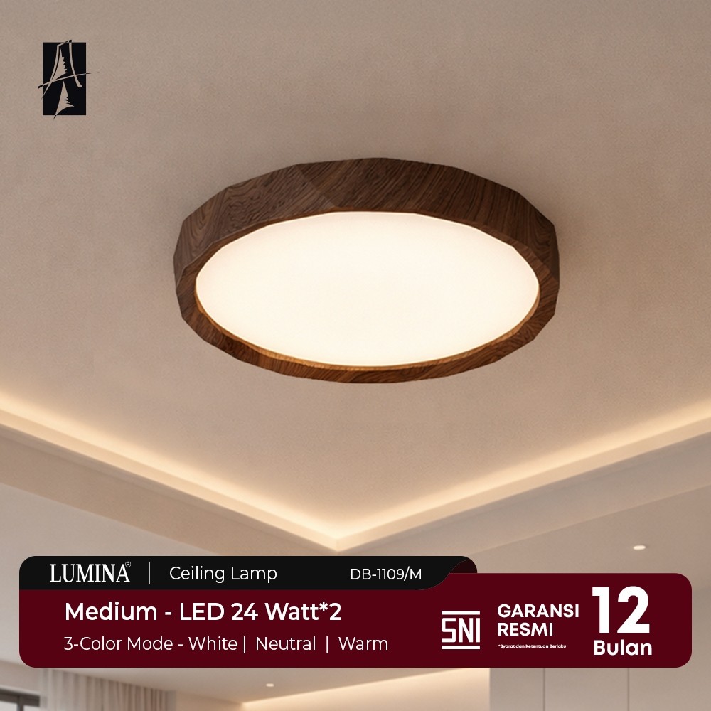 Lumina - Lampu Plafon LED Motif Kayu Minimalis Modern Ceiling Lamp 3 Warna Cahaya 24W x2 Indoor Deko