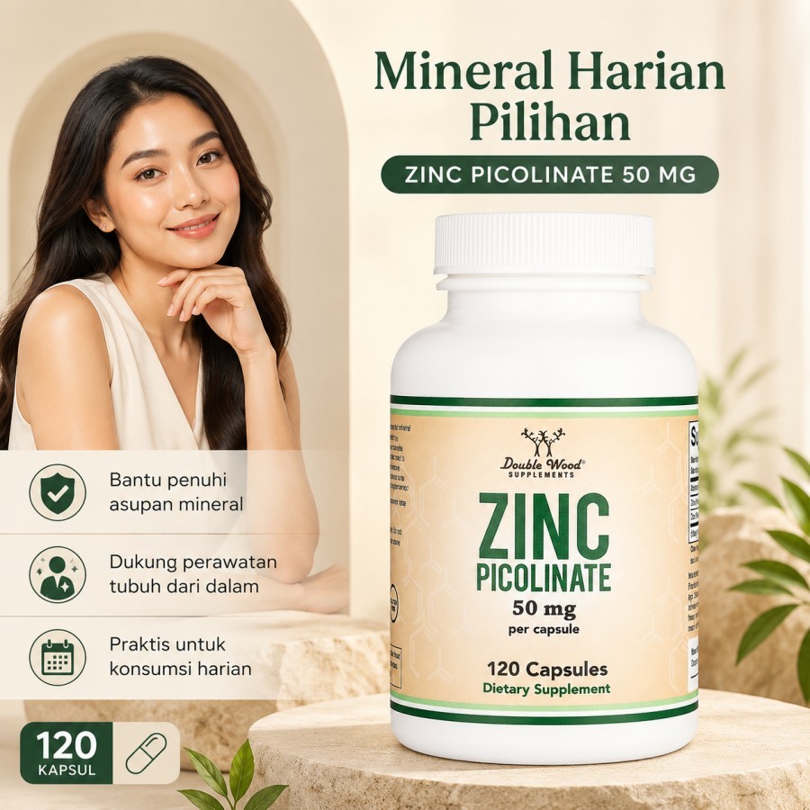 Double Wood Zinc Picolinate 50mg 120 Kapsul Suplemen Mineral Zinc Support Imun Kulit Acne Care Rambu