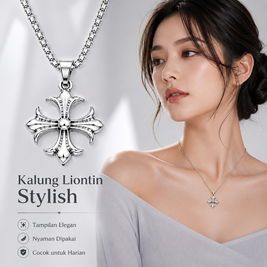 Kalung Salib Vintage Titanium Silver Pria Wanita Anti Karat Chrome Hearts Style Necklace Unisex