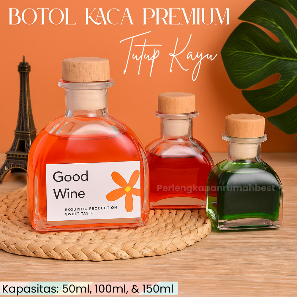 Botol Kaca Unik Estetik Premium Tutup Kayu Bottle Kemasan Hampers, Souvenir, Minuman Syrup
