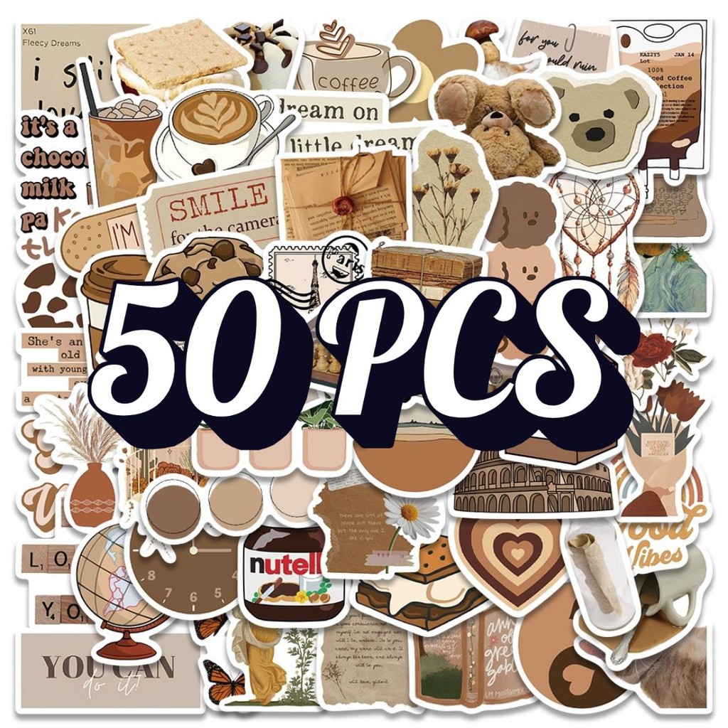 

Stiker Aesthetic Brown Coffee Style – 50PCS Lucu Waterproof Anti Air, Cocok Laptop HP Helm Motor Koper Buku Journal Botol Minum