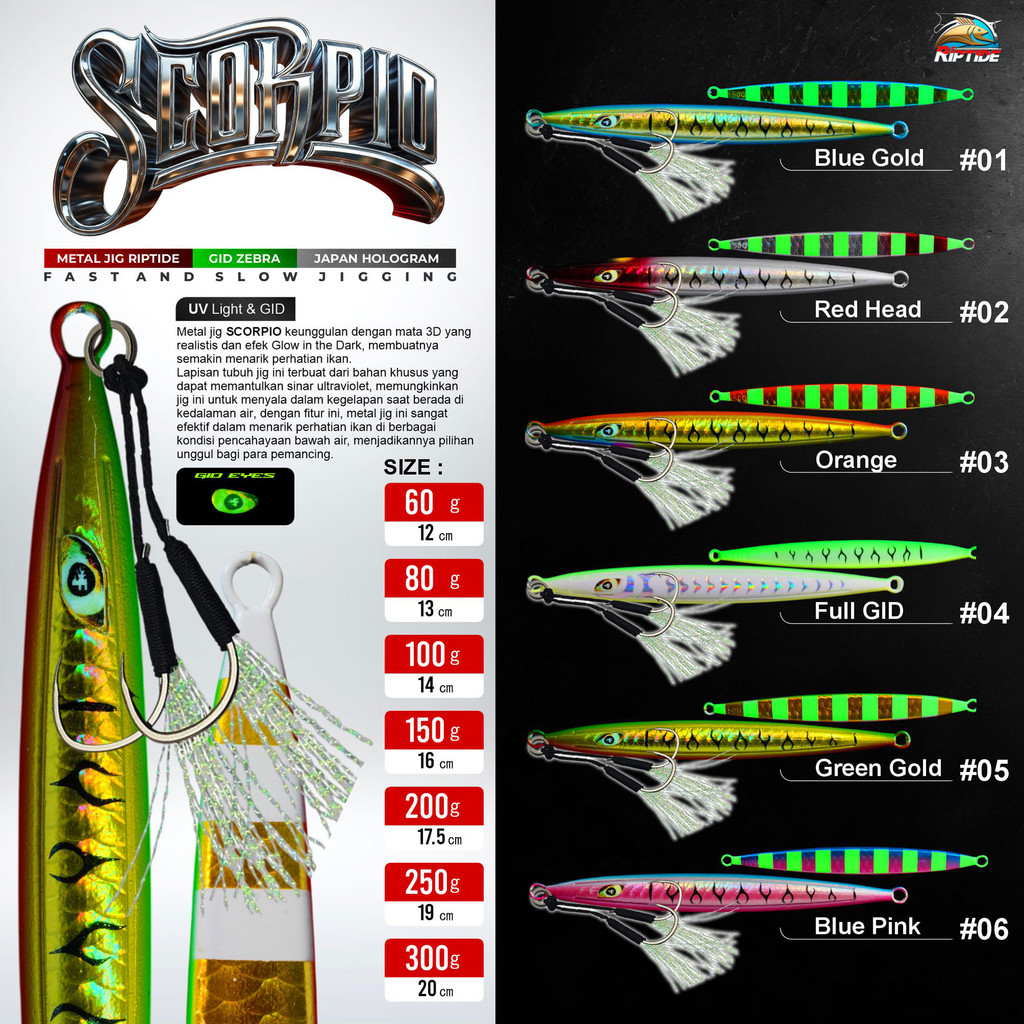 UMPAN METAL JIG RIPTIDE SCORPIO INCLUDED ASSIST HOOK WEIGHT 60 80 100 150 200 250 300 GRAM
