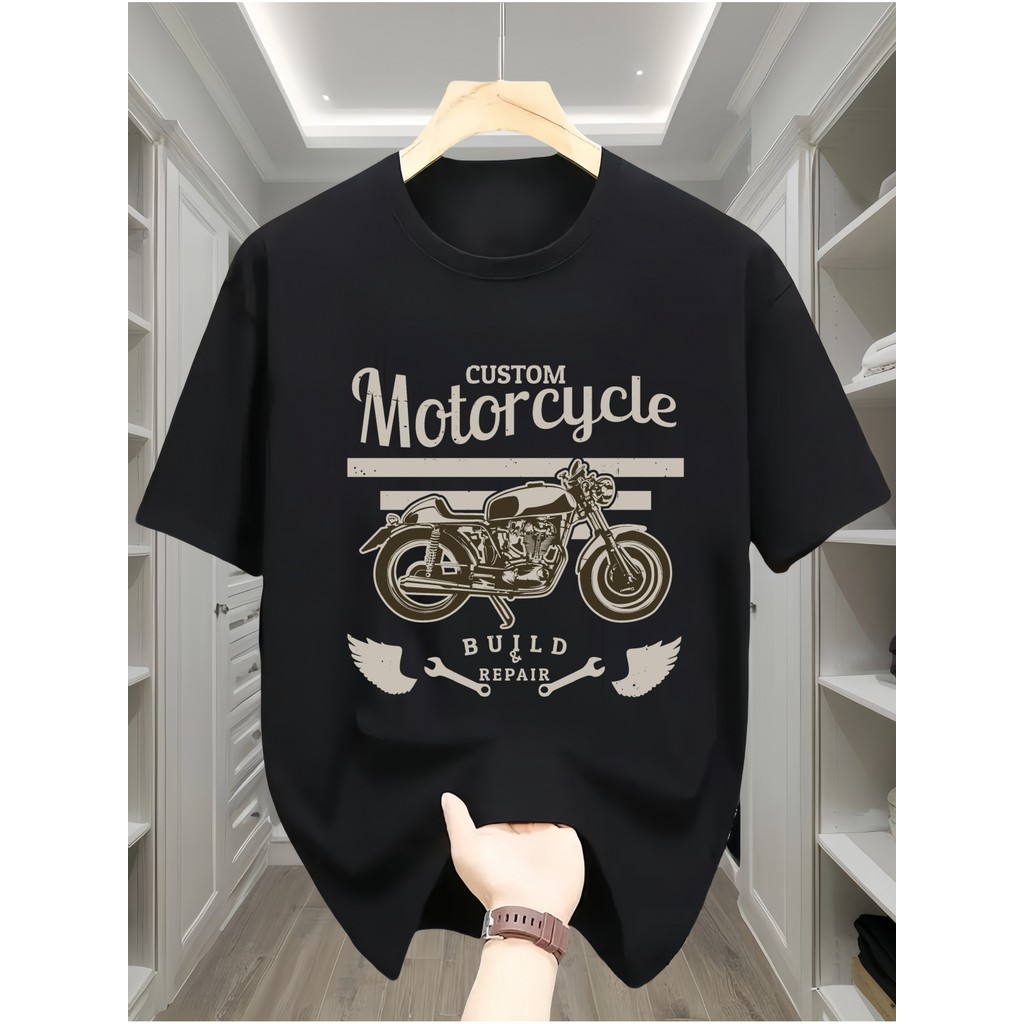 Kaos Pria, Kaos Dasar Santai dan Serbaguna, Atasan Olahraga Nyaman, Pola Huruf MOTOR